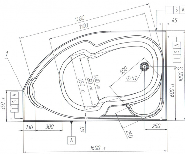 Ванна акриловая 1Marka DIANA 01ди1610п 160x100 см. правая 